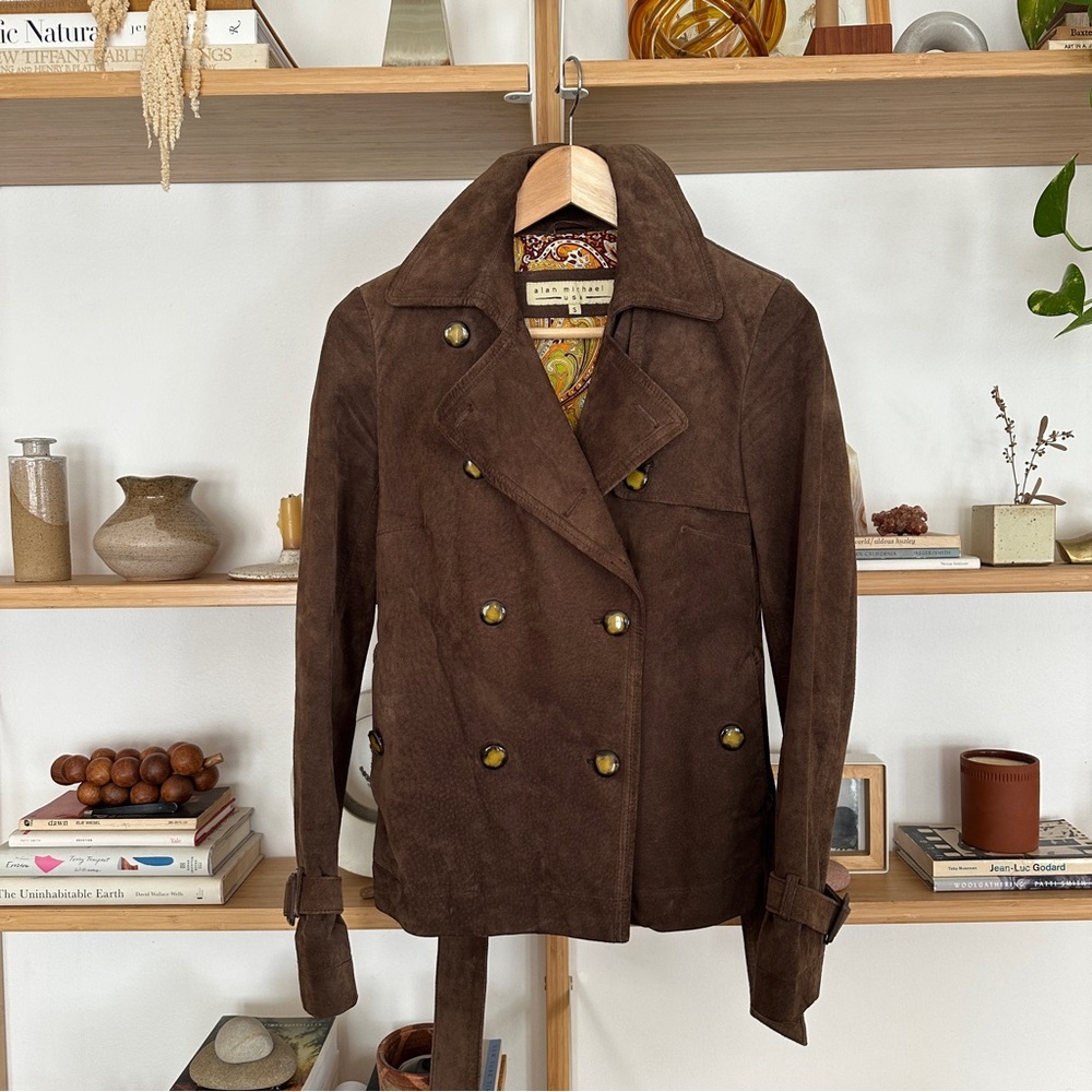 Vintage Suede Leather Cropped Trench Coat Small - Picture 4 of 7